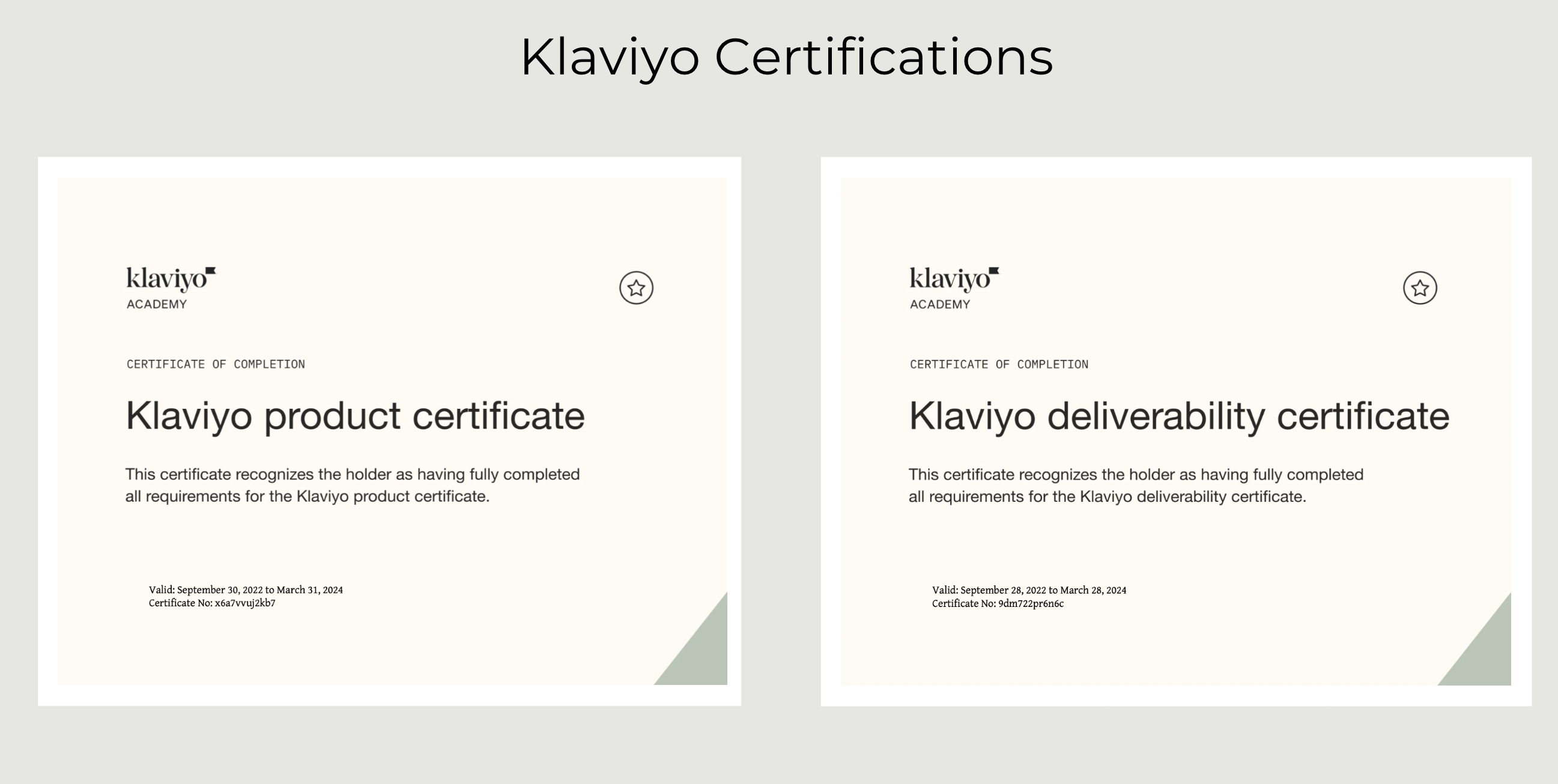 Klaviyo product certificate and Klaviyo deliverability certificate, Klaviyo Academy